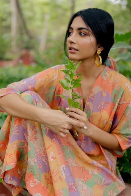 Shop Paulmi And Harsh Multi Color Pure Crepe Naksha Print And Sequin Notched Tunic Pant Set Online at Aza Fashions Shop_Paulmi And Harsh_Multi Color Pure Crepe Naksha Print And Sequin Notched Tunic Pant Set _Online_at_Aza_Fashions