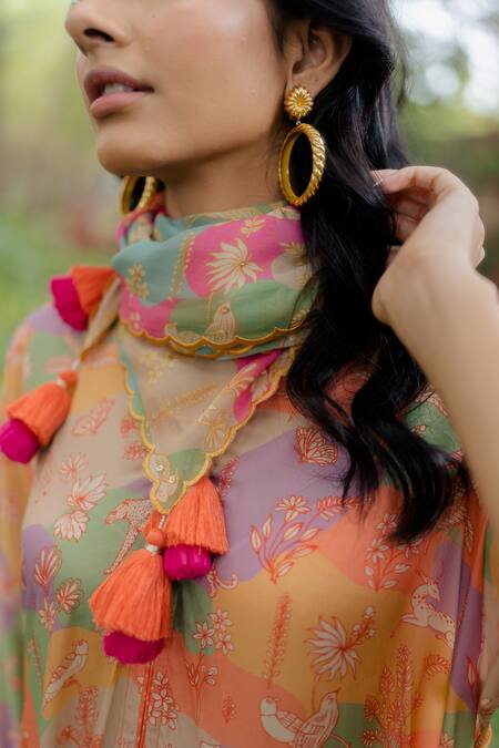 Paulmi And Harsh Multi Color Pure Crepe Naksha Print And Sequin Notched Tunic Pant Set at Aza Fashions Paulmi And Harsh_Multi Color Pure Crepe Naksha Print And Sequin Notched Tunic Pant Set _at_Aza_Fashions