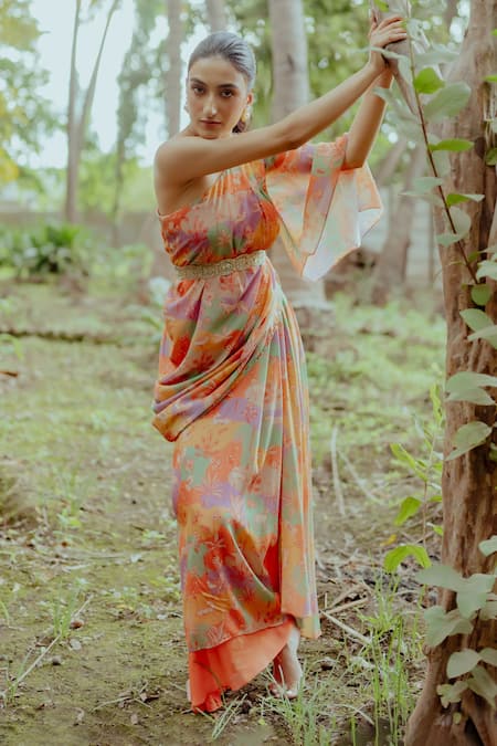 Paulmi And Harsh_Multi Color Pure Crepe Naksha Print One Shoulder Tunic And Draped Skirt Set _Online_at_Aza_Fashions