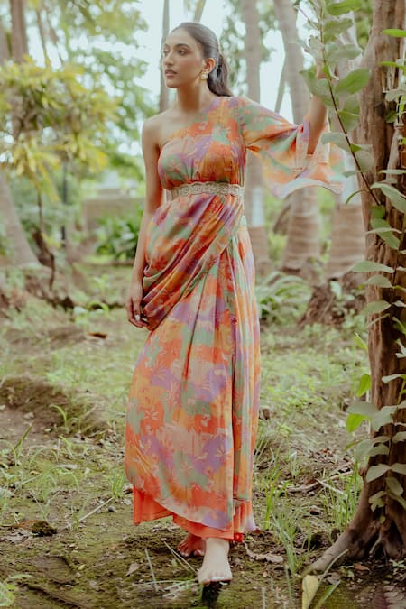 Buy_Paulmi And Harsh_Multi Color Pure Crepe Naksha Print One Shoulder Tunic And Draped Skirt Set _Online_at_Aza_Fashions