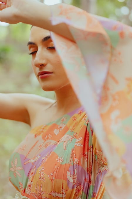 Shop_Paulmi And Harsh_Multi Color Pure Crepe Naksha Print One Shoulder Tunic And Draped Skirt Set _Online_at_Aza_Fashions