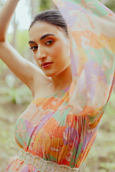 Paulmi And Harsh_Multi Color Pure Crepe Naksha Print One Shoulder Tunic And Draped Skirt Set _at_Aza_Fashions