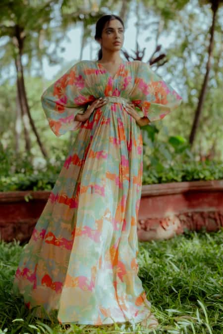 Paulmi And Harsh Multi Color Kaftan Pure Crepe And Inner Shantoon Naksha Print V Neck With Belt Online at Aza Fashions Paulmi And Harsh_Multi Color Kaftan Pure Crepe And Inner Shantoon Naksha Print V Neck With Belt _Online_at_Aza_Fashions