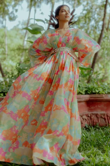 Buy Paulmi And Harsh Multi Color Kaftan Pure Crepe And Inner Shantoon Naksha Print V Neck With Belt Online at Aza Fashions Buy_Paulmi And Harsh_Multi Color Kaftan Pure Crepe And Inner Shantoon Naksha Print V Neck With Belt _Online_at_Aza_Fashions