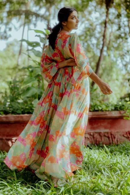 Shop Paulmi And Harsh Multi Color Kaftan Pure Crepe And Inner Shantoon Naksha Print V Neck With Belt Online at Aza Fashions Shop_Paulmi And Harsh_Multi Color Kaftan Pure Crepe And Inner Shantoon Naksha Print V Neck With Belt _Online_at_Aza_Fashions