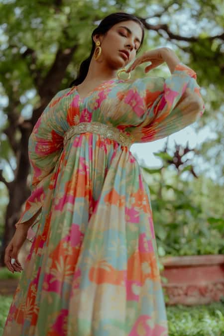 Paulmi And Harsh Multi Color Kaftan Pure Crepe And Inner Shantoon Naksha Print V Neck With Belt at Aza Fashions Paulmi And Harsh_Multi Color Kaftan Pure Crepe And Inner Shantoon Naksha Print V Neck With Belt _at_Aza_Fashions