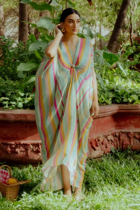 Paulmi And Harsh_Multi Color Kaftan Pure Crepe And Inner Shantoon Stripes V Neck With _Online_at_Aza_Fashions