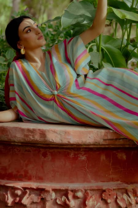 Buy_Paulmi And Harsh_Multi Color Kaftan Pure Crepe And Inner Shantoon Stripes V Neck With _Online_at_Aza_Fashions
