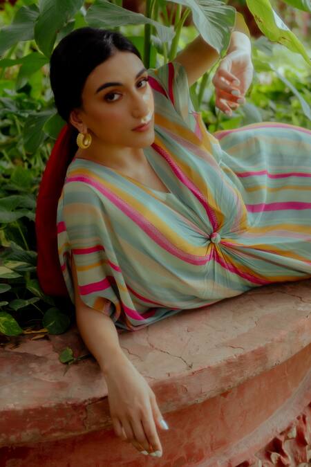 Shop_Paulmi And Harsh_Multi Color Kaftan Pure Crepe And Inner Shantoon Stripes V Neck With _Online_at_Aza_Fashions