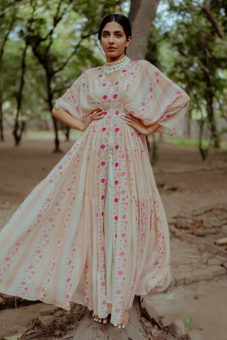 Buy_Paulmi And Harsh_White Kaftan Georgette And Inner Shantoon Cutdana & Pearl, Floral Print, _Online_at_Aza_Fashions