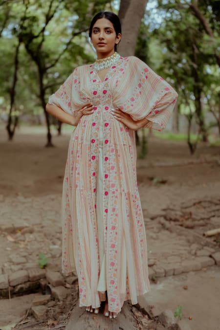 Shop_Paulmi And Harsh_White Kaftan Georgette And Inner Shantoon Cutdana & Pearl, Floral Print, _Online_at_Aza_Fashions