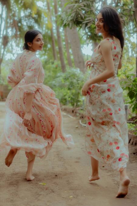 Paulmi And Harsh_White Kaftan Georgette And Inner Shantoon Cutdana & Pearl, Floral Print, _at_Aza_Fashions