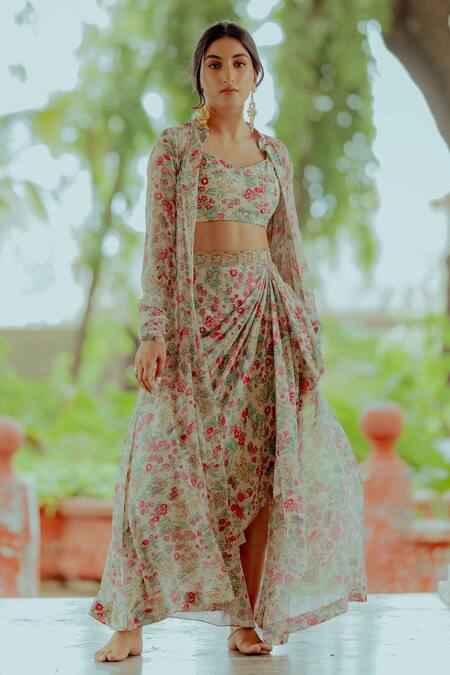 Paulmi And Harsh_White Georgette, Cotton Silk Cutdana Work, Strawberry Jacket Skirt Set _Online_at_Aza_Fashions