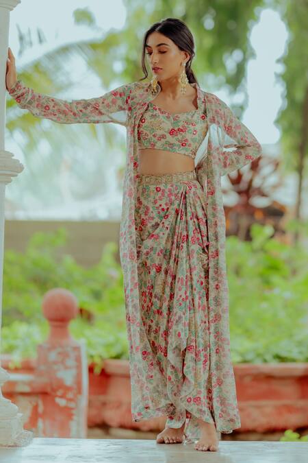 Buy_Paulmi And Harsh_White Georgette, Cotton Silk Cutdana Work, Strawberry Jacket Skirt Set _Online_at_Aza_Fashions