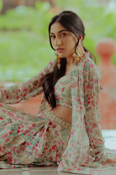 Paulmi And Harsh_White Georgette, Cotton Silk Cutdana Work, Strawberry Jacket Skirt Set _at_Aza_Fashions