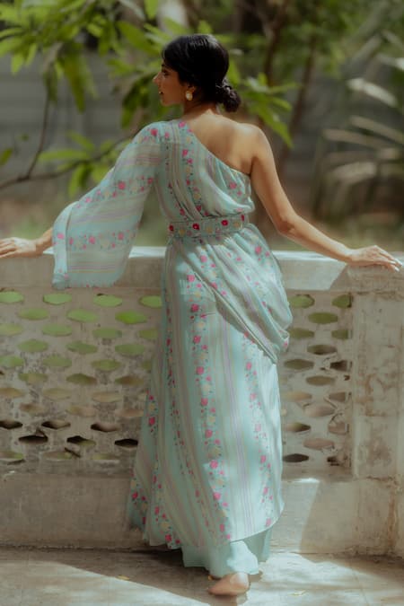 Paulmi And Harsh One Shoulder Printed Tunic & Skirt Set 