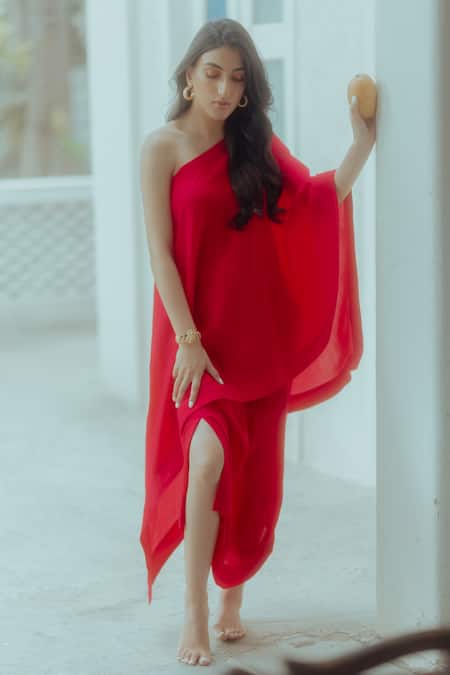 Paulmi And Harsh_Pink Pure Crepe Na One Shoulder Tunic And Skirt Set _Online_at_Aza_Fashions