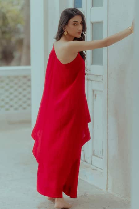 Buy_Paulmi And Harsh_Pink Pure Crepe Na One Shoulder Tunic And Skirt Set _Online_at_Aza_Fashions