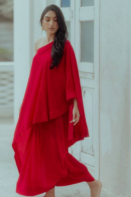 Shop_Paulmi And Harsh_Pink Pure Crepe Na One Shoulder Tunic And Skirt Set _Online_at_Aza_Fashions