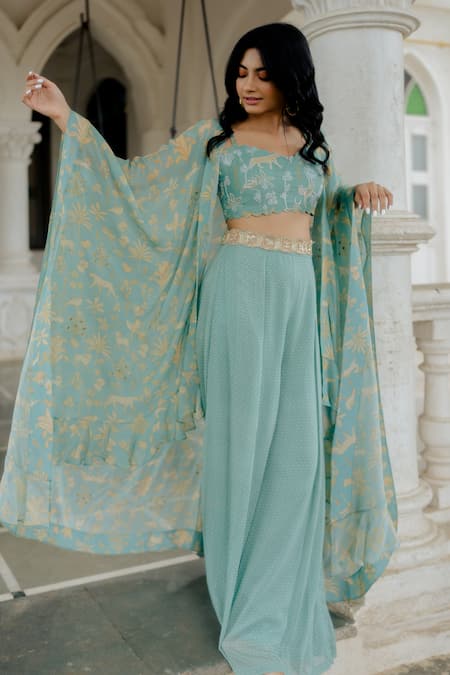 Paulmi And Harsh_Blue Jacket And Palazzo Georgette & Crop Top Cotton Silk Mirror, Thread & & Set _Online_at_Aza_Fashions