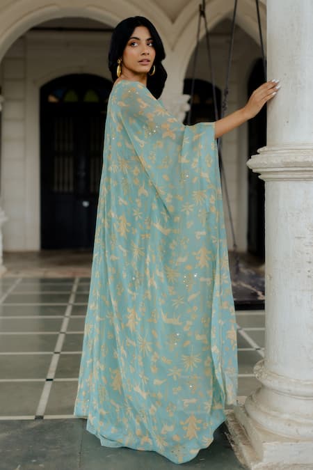 Shop_Paulmi And Harsh_Blue Jacket And Palazzo Georgette & Crop Top Cotton Silk Mirror, Thread & & Set _Online_at_Aza_Fashions