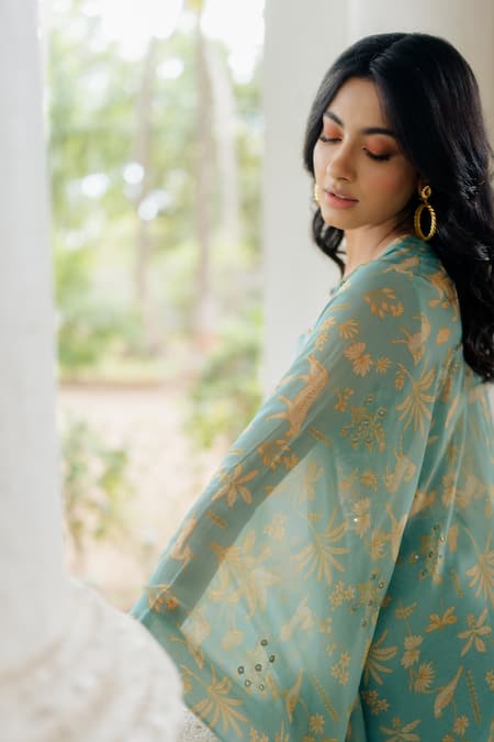 Paulmi And Harsh_Blue Jacket And Palazzo Georgette & Crop Top Cotton Silk Mirror, Thread & & Set _at_Aza_Fashions