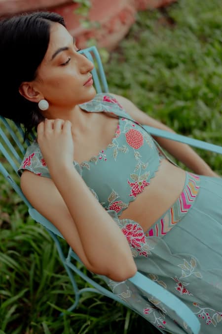 Paulmi And Harsh_Blue Georgette, Cotton Silk Bead Work, Floral Print, Thread Jacket Palazzo Set _Online_at_Aza_Fashions