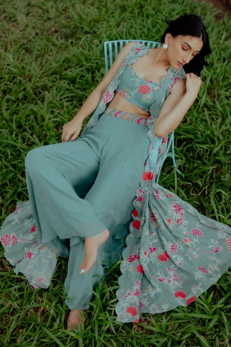 Buy_Paulmi And Harsh_Blue Georgette, Cotton Silk Bead Work, Floral Print, Thread Jacket Palazzo Set _Online_at_Aza_Fashions