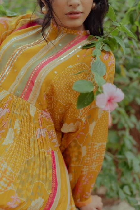 Shop_Paulmi And Harsh_Yellow Pure Crepe Floral Print, Mirror , Thread High Neck Dress _Online_at_Aza_Fashions