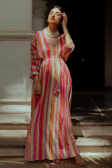 Paulmi And Harsh Multi Color Shantoon, Pure Crepe Mirror Work, Thread Work, Stripe Print V Kaftan Online at Aza Fashions Paulmi And Harsh_Multi Color Shantoon, Pure Crepe Mirror Work, Thread Work, Stripe Print V Kaftan _Online_at_Aza_Fashions