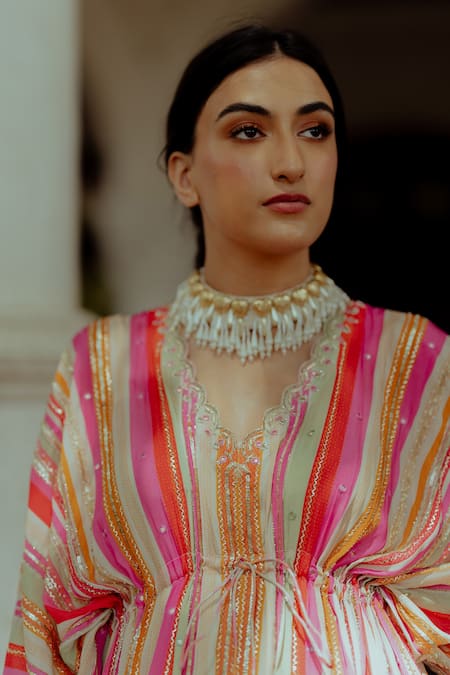 Shop Paulmi And Harsh Multi Color Shantoon, Pure Crepe Mirror Work, Thread Work, Stripe Print V Kaftan Online at Aza Fashions Shop_Paulmi And Harsh_Multi Color Shantoon, Pure Crepe Mirror Work, Thread Work, Stripe Print V Kaftan _Online_at_Aza_Fashions