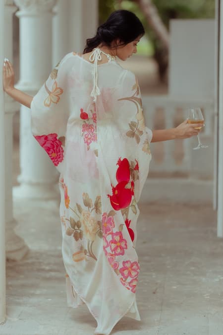 Shop_Paulmi And Harsh_White Pure Crepe Floral Print V Neck Dress With Jacket _at_Aza_Fashions