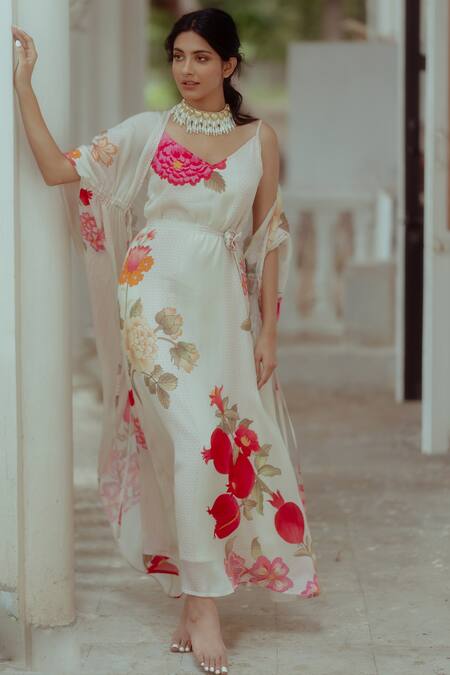 Paulmi And Harsh_White Pure Crepe Floral Print V Neck Dress With Jacket _Online_at_Aza_Fashions