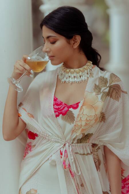 Shop_Paulmi And Harsh_White Pure Crepe Floral Print V Neck Dress With Jacket _Online_at_Aza_Fashions