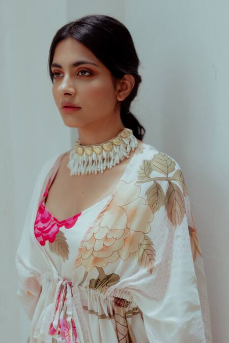 Paulmi And Harsh_White Pure Crepe Floral Print V Neck Dress With Jacket _at_Aza_Fashions