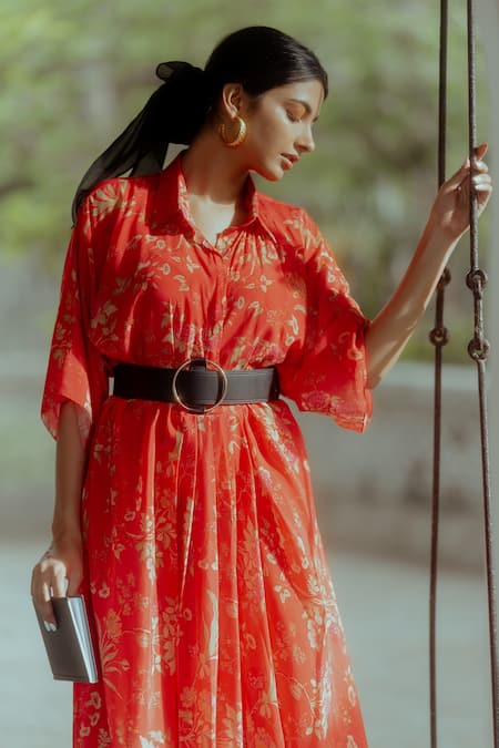 Shop_Paulmi And Harsh_Red Dress Pure Crepe And Inner Shantoon Rose Print Collared Shirt With Belt _Online_at_Aza_Fashions