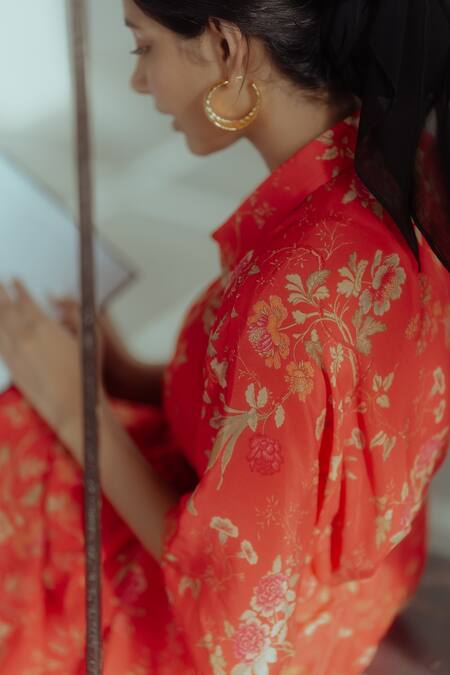 Paulmi And Harsh_Red Dress Pure Crepe And Inner Shantoon Rose Print Collared Shirt With Belt _at_Aza_Fashions