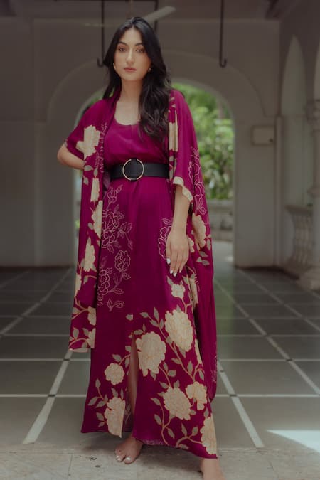 Paulmi And Harsh_Purple Pure Crepe Floral Print Round Dress With Jacket _Online_at_Aza_Fashions