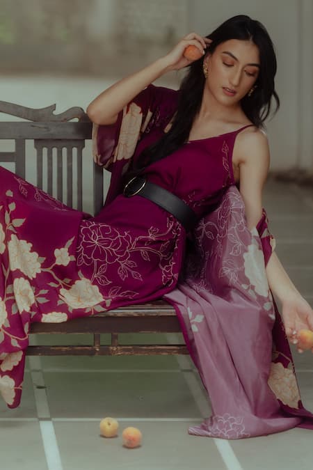 Buy_Paulmi And Harsh_Purple Pure Crepe Floral Print Round Dress With Jacket _Online_at_Aza_Fashions