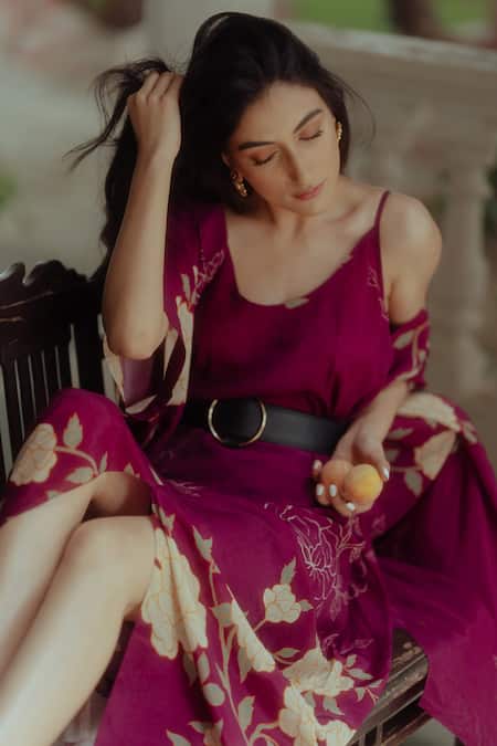 Shop_Paulmi And Harsh_Purple Pure Crepe Floral Print Round Dress With Jacket _Online_at_Aza_Fashions