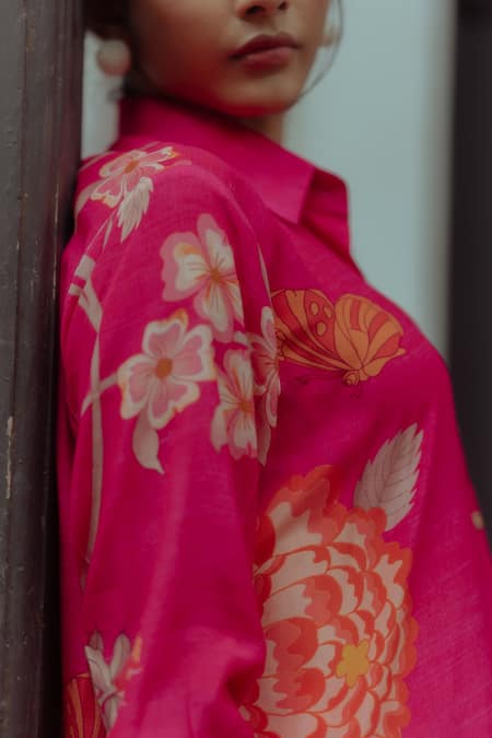Buy_Paulmi And Harsh_Pink Pure Crepe Floral Print Straight Collar Shirt And Pant Set _Online_at_Aza_Fashions