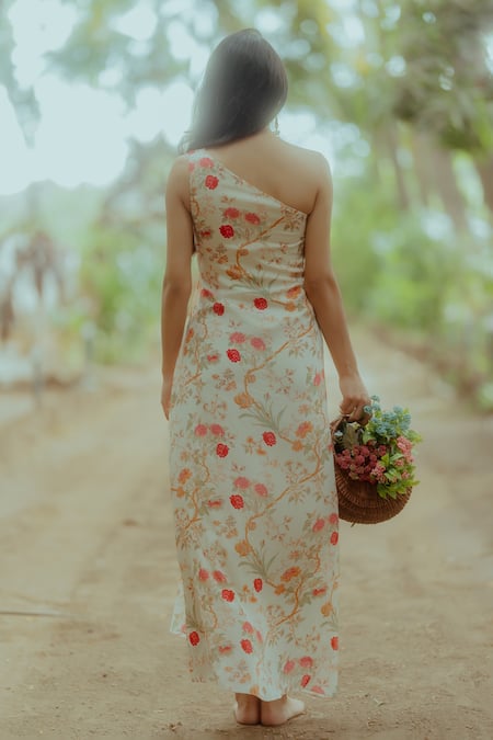 Shop_Paulmi And Harsh_White Pure Crepe Rose Print One Shoulder Maxi Dress _at_Aza_Fashions