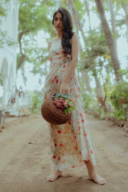 Paulmi And Harsh_White Pure Crepe Rose Print One Shoulder Maxi Dress _Online_at_Aza_Fashions