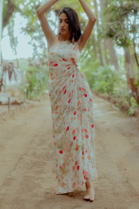 Buy_Paulmi And Harsh_White Pure Crepe Rose Print One Shoulder Maxi Dress _Online_at_Aza_Fashions