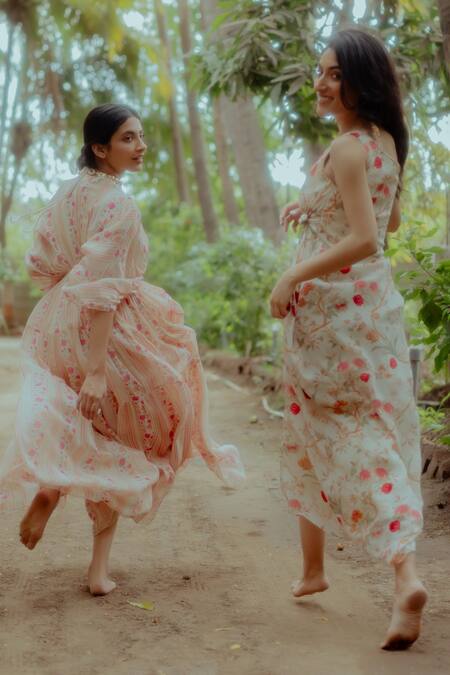 Paulmi And Harsh_White Pure Crepe Rose Print One Shoulder Maxi Dress _at_Aza_Fashions