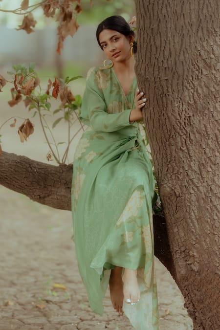 Paulmi And Harsh_Green Pure Crepe Rose Print V Neck Wrap Dress With Belt _Online_at_Aza_Fashions