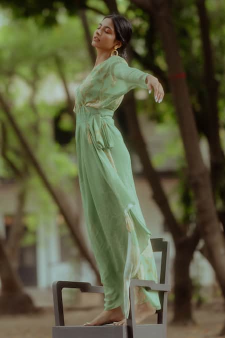 Buy_Paulmi And Harsh_Green Pure Crepe Rose Print V Neck Wrap Dress With Belt _Online_at_Aza_Fashions