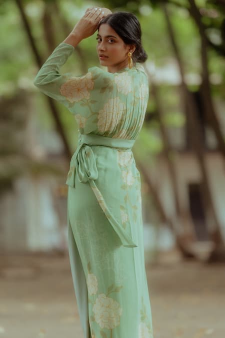 Shop_Paulmi And Harsh_Green Pure Crepe Rose Print V Neck Wrap Dress With Belt _Online_at_Aza_Fashions