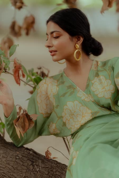 Paulmi And Harsh_Green Pure Crepe Rose Print V Neck Wrap Dress With Belt _at_Aza_Fashions