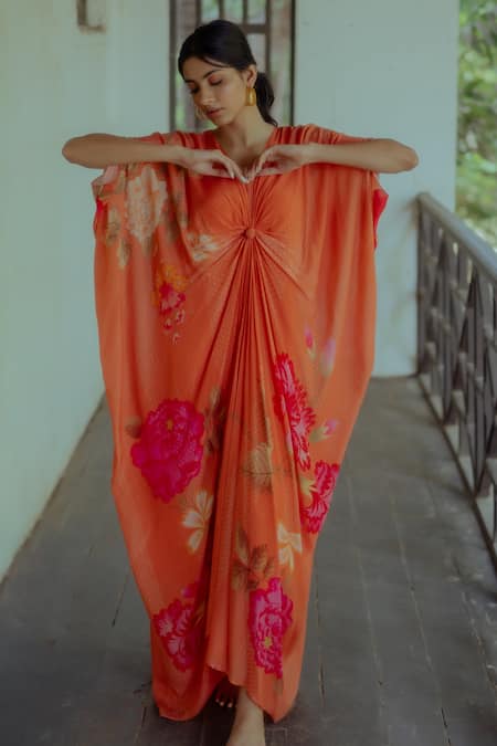 Paulmi and Harsh Orange Pure Crepe Printed Floral V Neck Kaftan 